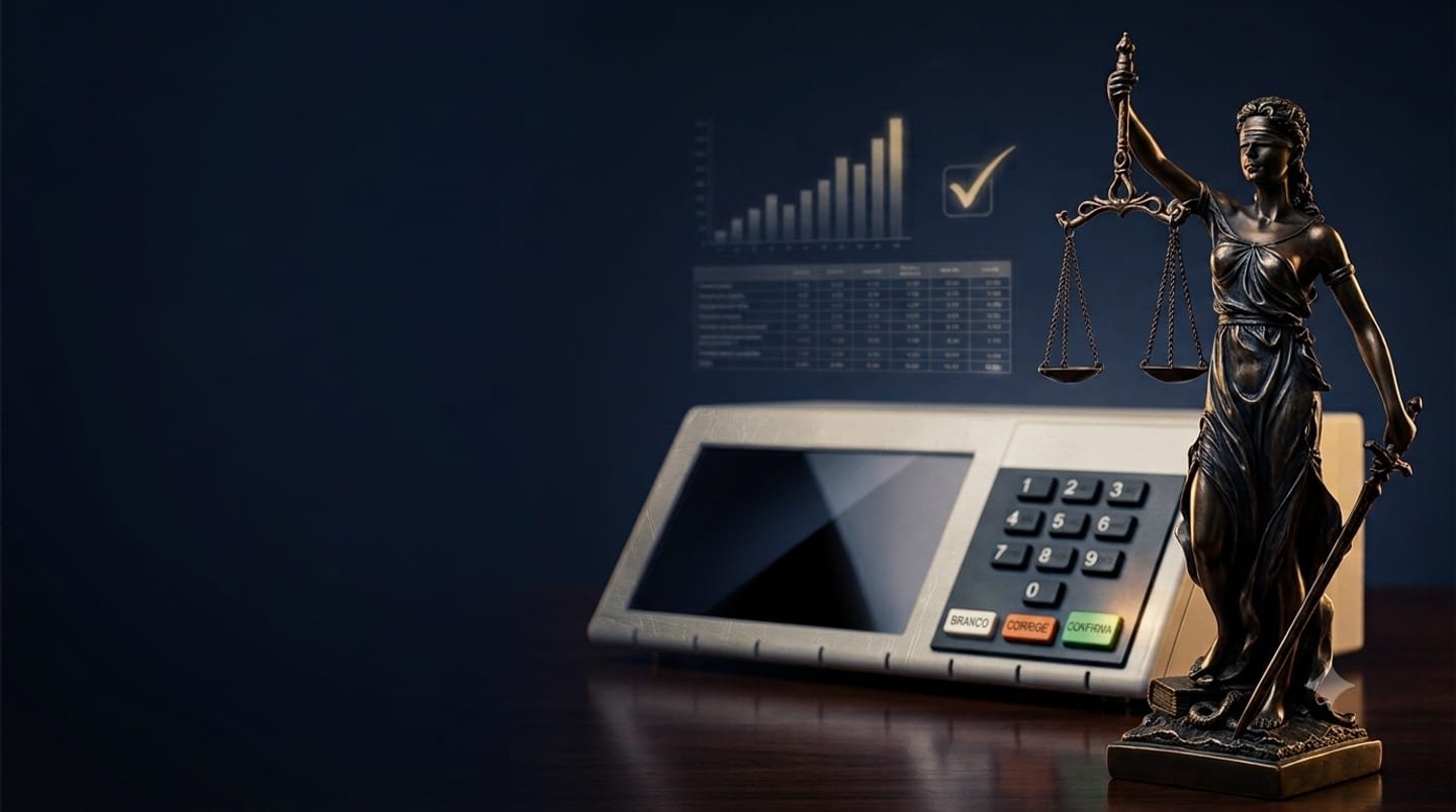 Ilustração institucional: urna eletrônica, calculadora e planilha de prestação de contas eleitoral